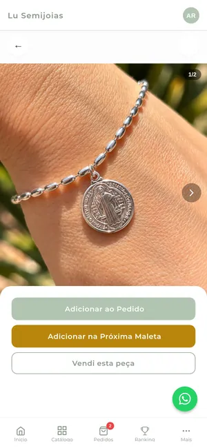 App do Lu Hub: ficha de uma peça com os botões de pedido, maleta e venda