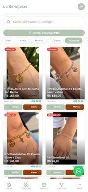 App do Lu Hub: catálogo de pulseiras com fotografias, preços em reais e botões de pedido e maleta