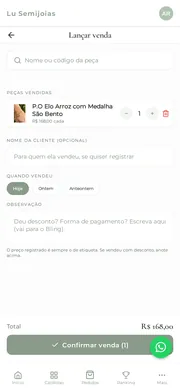 App do Lu Hub: ecrã Lançar venda com a peça vendida, o dia da venda e o total, que segue para o programa de gestão